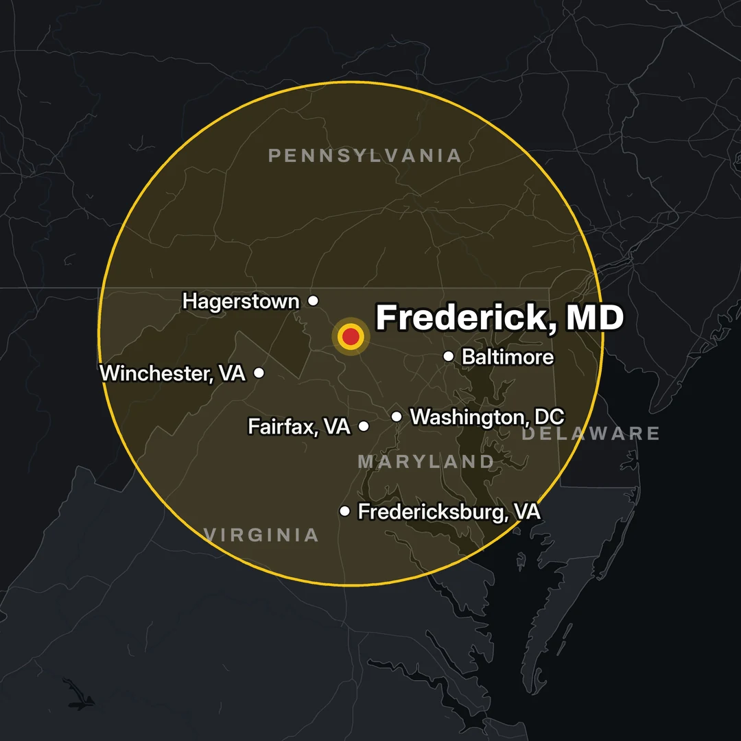 Map of the It’s Time Graphics service area around Frederick, MD, covering Maryland, Washington DC and northern Virginia