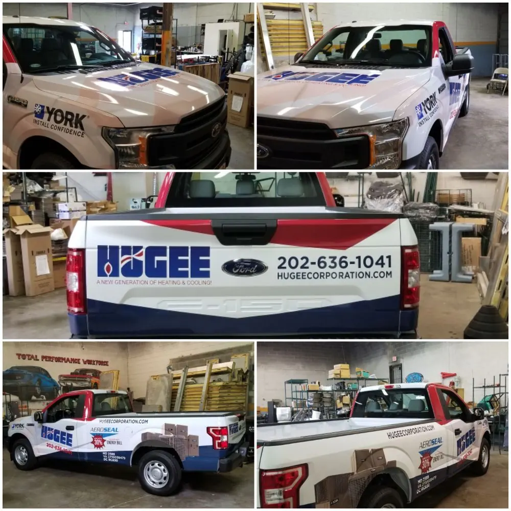 Collage of pickup trucks with HVAC company graphics