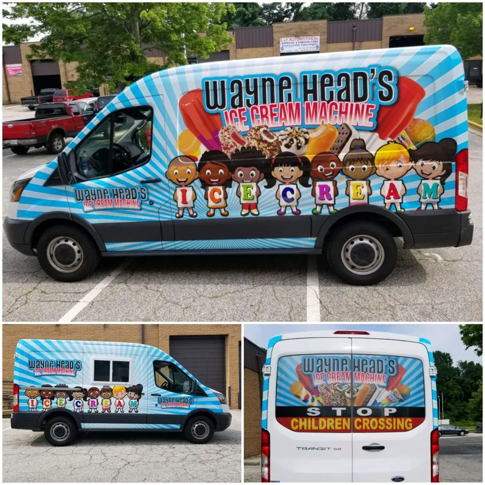 Collage of an ice cream van with a colorful wrap