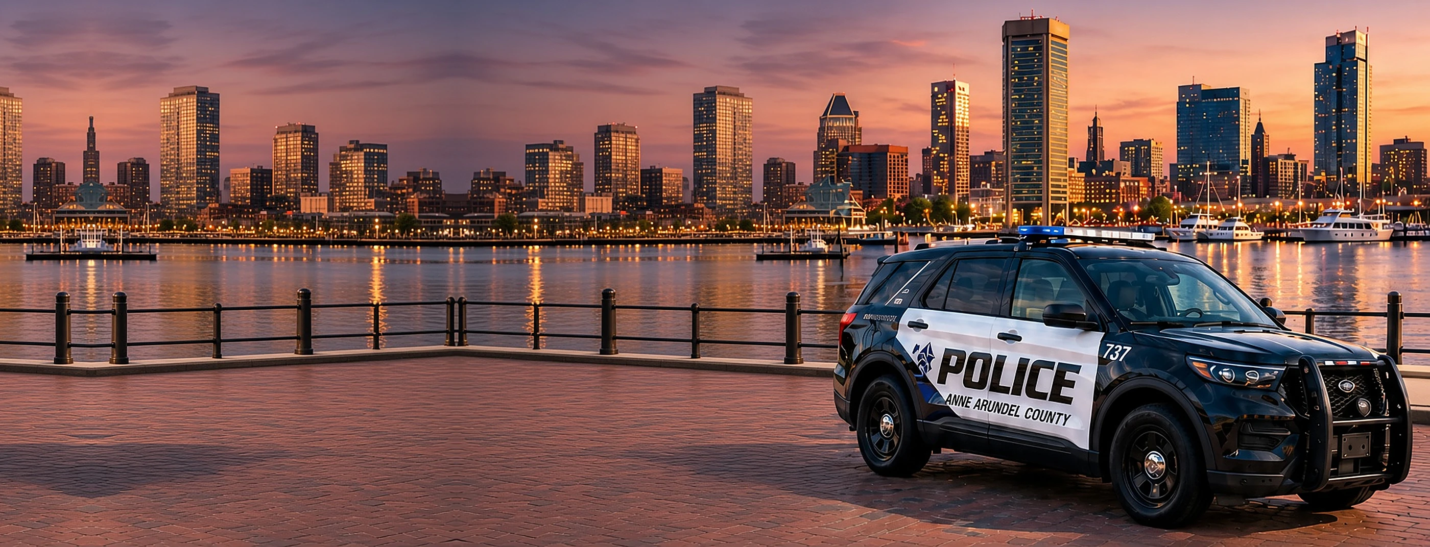 Police SUV in front of a harbor skyline at sunset