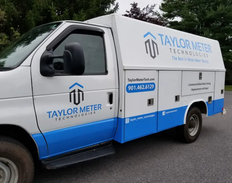 Utility truck with blue and white graphics